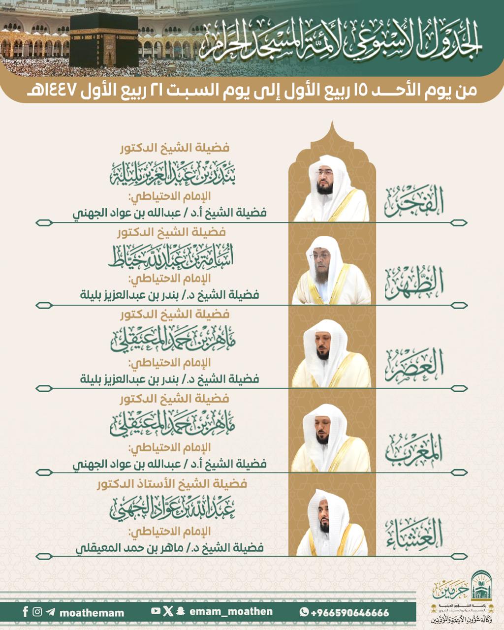 Grand Mosque ( Masjid Al Haram) Announces Weekly Imam Schedule (15–21 Rabi Al-Awwal 1447 AH)