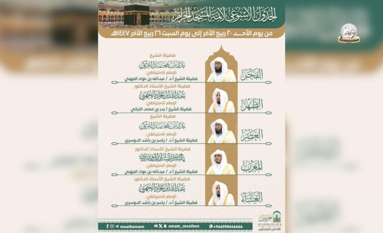 Sunday, October 12, 2025 | 20 Rabi al-Akhir 1447 AH | Weekly Imam Schedule Announced for Masjid al-Haram