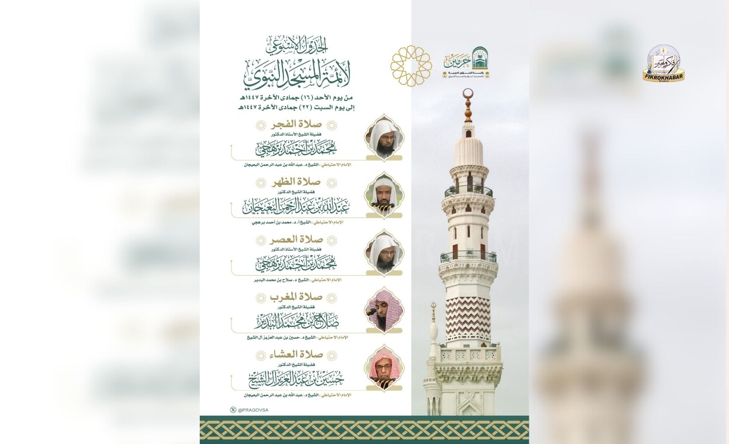 December 7–13, 2025 | 16–22 Jumada Al-Akhirah 1447 AH | Imam Schedule for Daily Prayers at Masjid An-Nabawi
