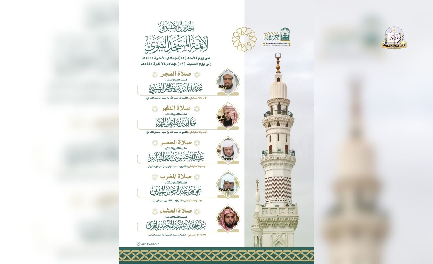 December 14–20, 2025 | 23–29 Jumada al-Thani 1447 AH | Weekly Imam Schedule to Lead Daily Prayers at Masjid an-Nabawi