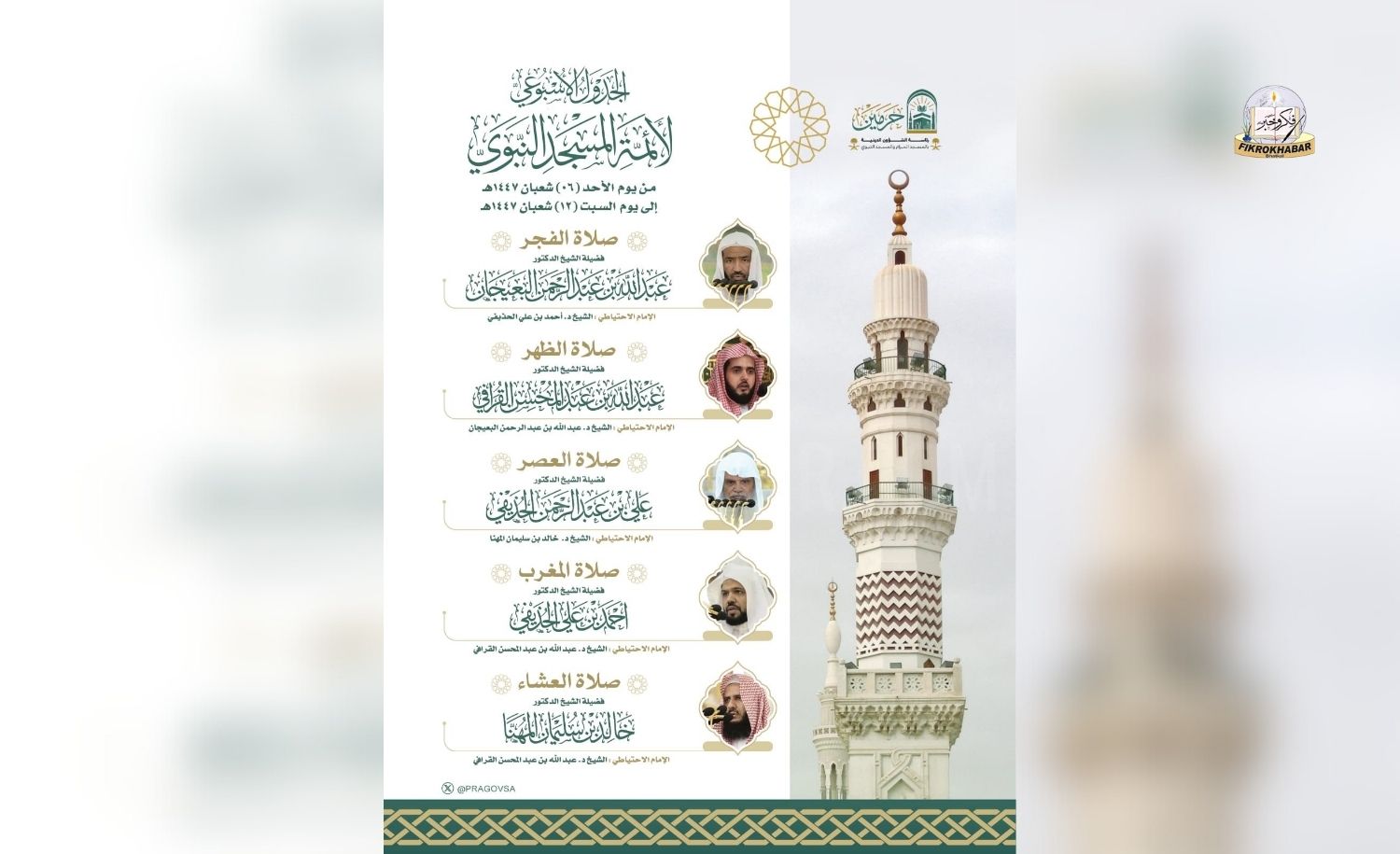 January 25–31, 2026 | 6–12 Sha‘ban 1447 AH | Weekly Imam Schedule to Lead Daily Prayers at Masjid an-Nabawi