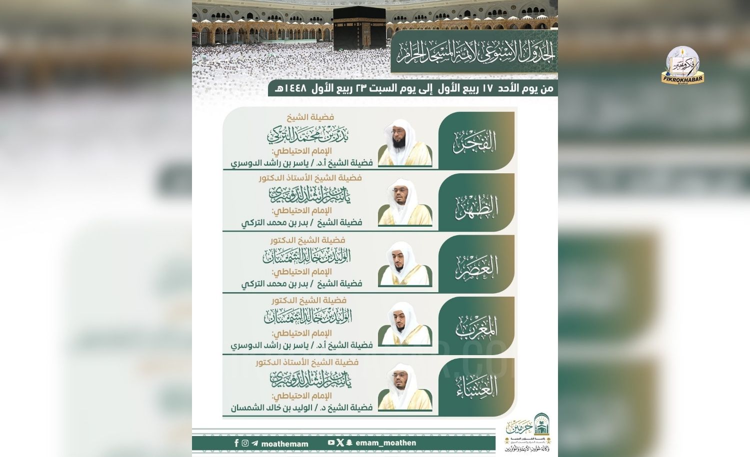 Grand Mosque Announces Weekly Prayer Schedule for Imams in Makkah
