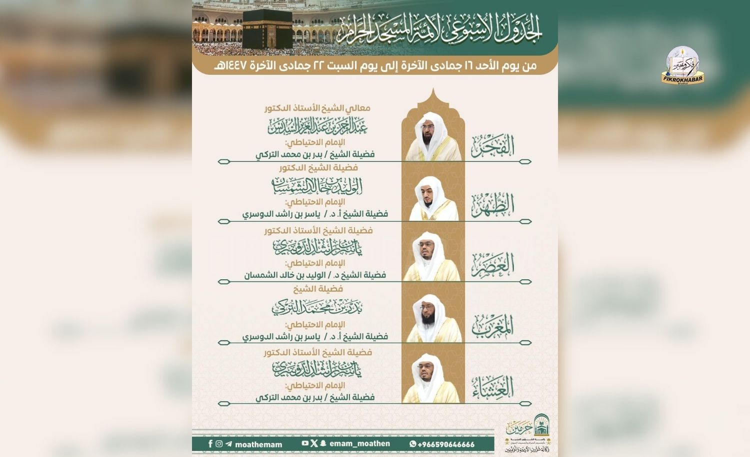 December 07, 2025 | 09 Jumada Al-Akhirah 1447 AH | Weekly Schedule of Imams to Lead Prayers at Masjid Al-Haram