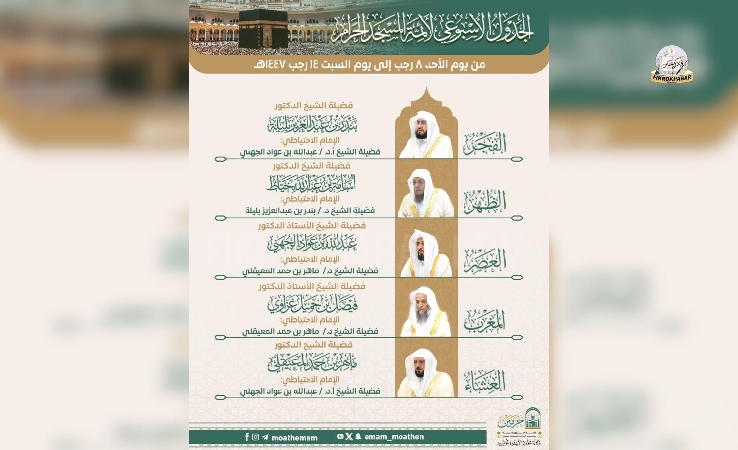 December 28, 2025 – January 3, 2026 | 8–14 Rajab 1447 AH | Weekly Imam Schedule to Lead Daily Prayers at Masjid al-Haram