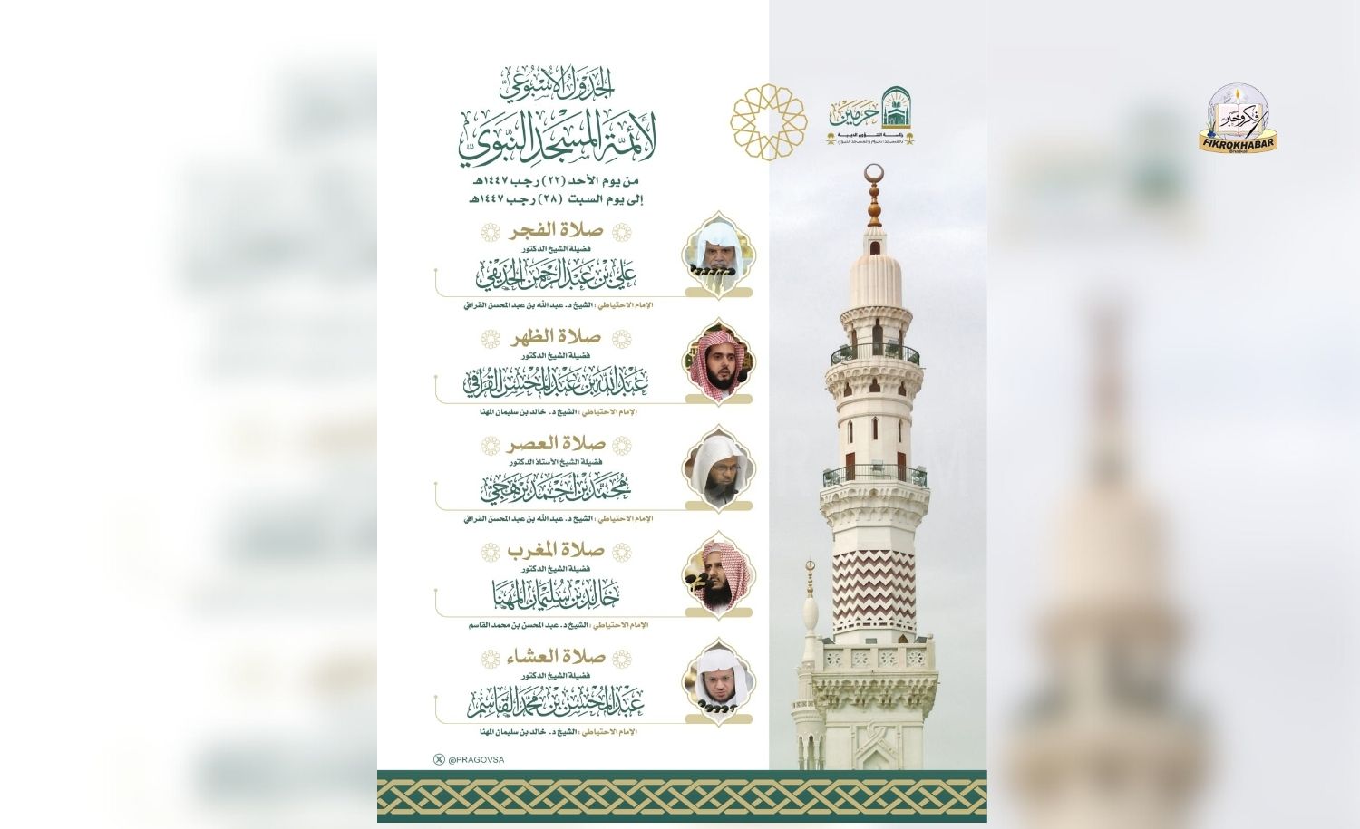 January 11–17, 2026 | 22–28 Rajab 1447 AH | Weekly Imam Schedule to Lead Daily Prayers at Masjid an-Nabawi