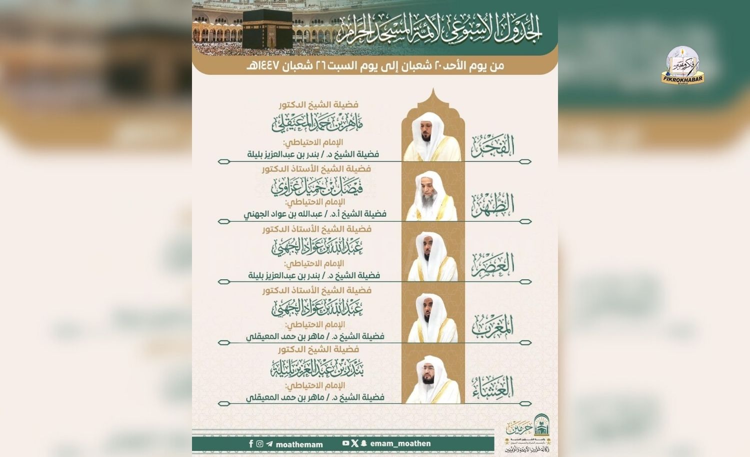 8–14 February 2026 | 20–26 Sha‘ban 1447 AH | Weekly Imam Schedule Announced for Masjid al-Haram