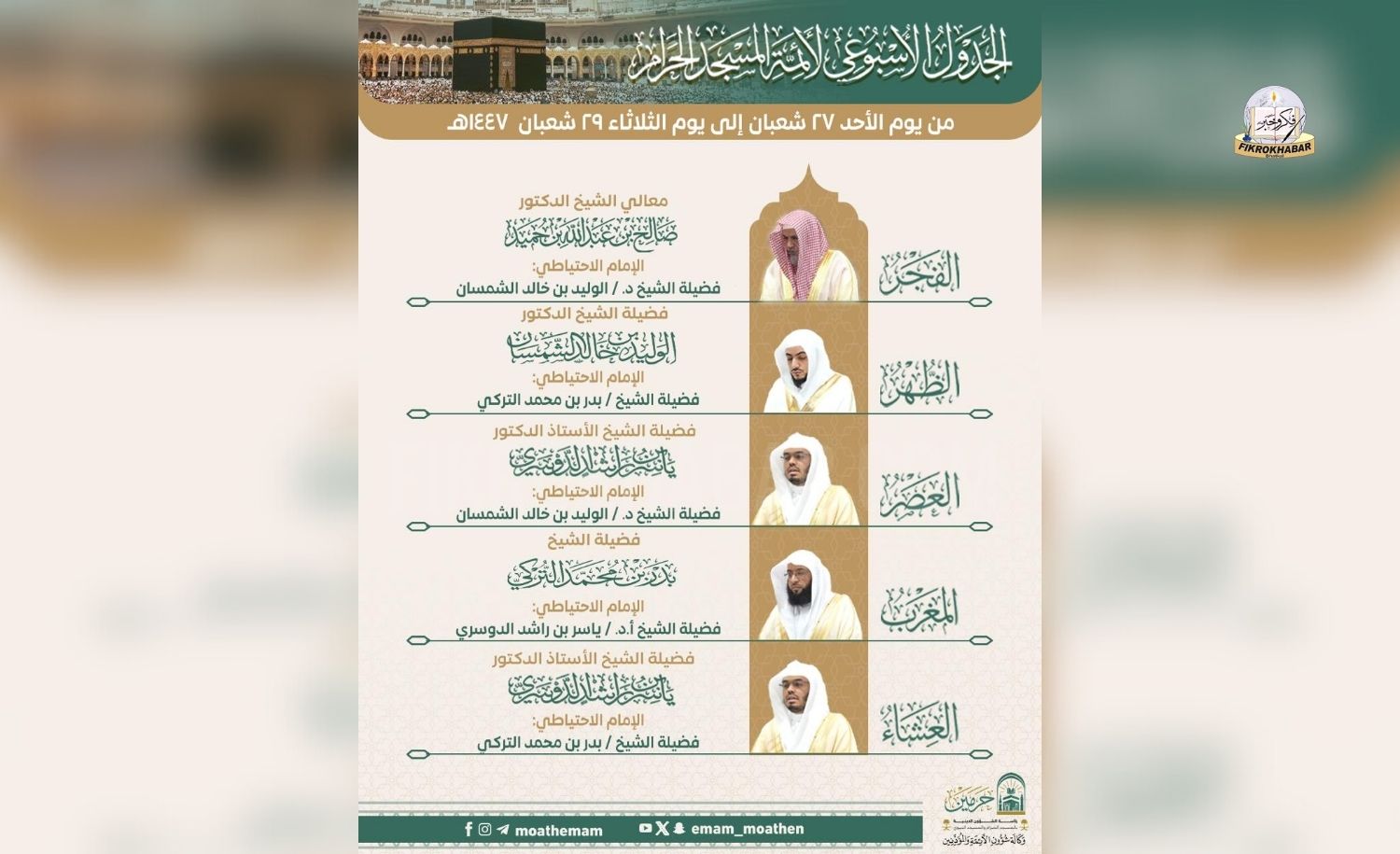15–17 February 2026 | 27–29 Sha‘ban 1447 AH | Weekly Imam Schedule Announced for Masjid al-Haram