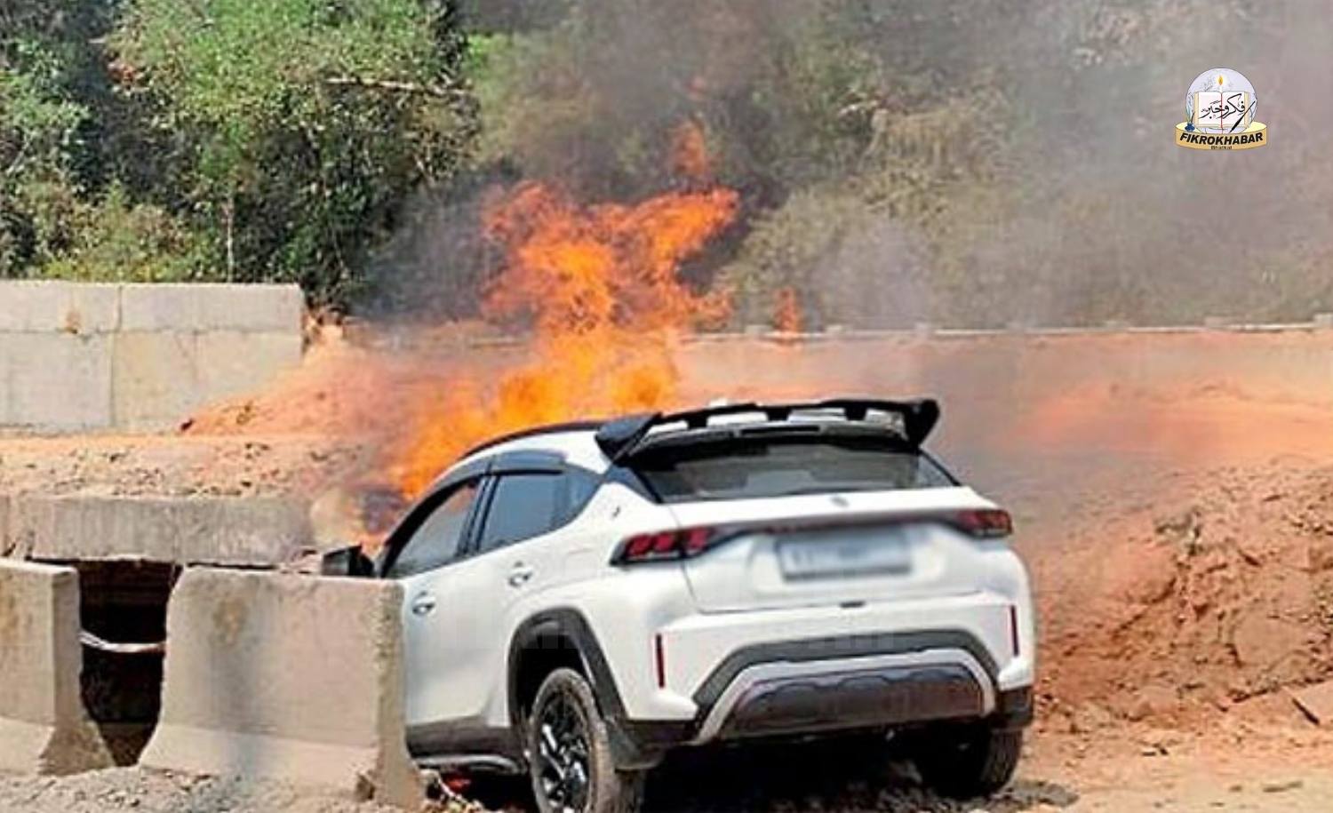 Puttur: Car Hits Culvert on NH-75, Catches Fire; Two Escape Safely